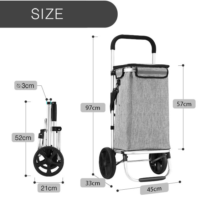 Waterproof Shopping cart Trolley Foldable Aluminium Grocery Bag Grey
