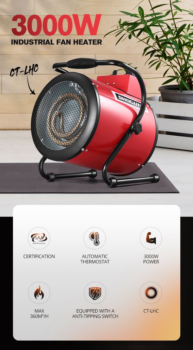 Industrial Fan Heater 2 in 1 Portable Electric Hot Air Blower Carpet Dryer for Shed Warehouse Workshop SAA 3000W